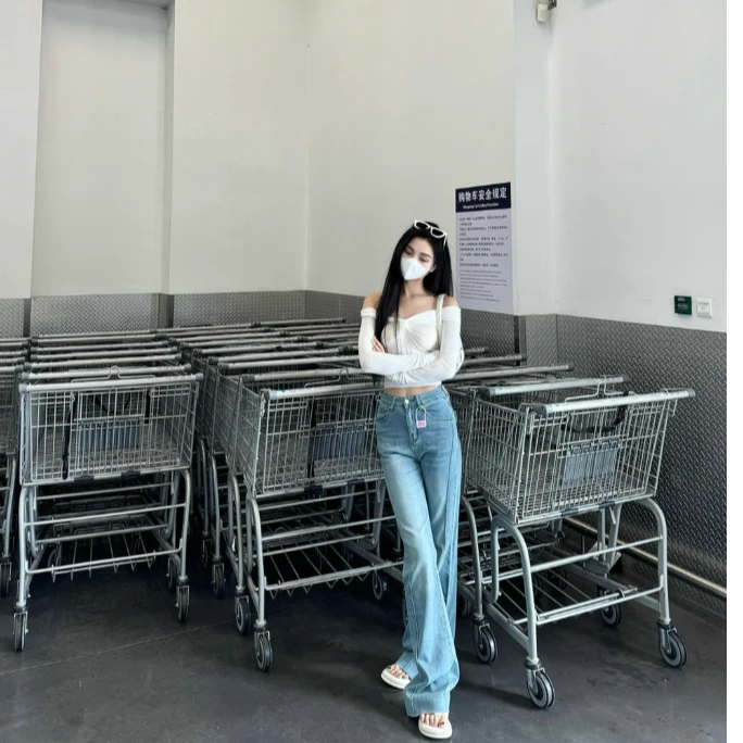 猫猫加长女裤高个子水洗喇叭浅色牛仔裤57052