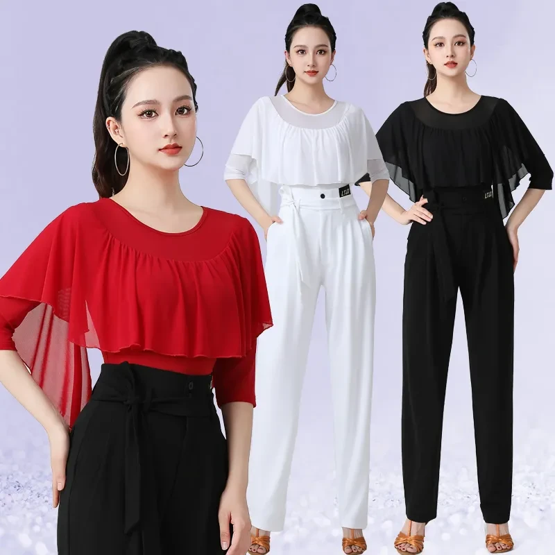 新款连档跳舞衣女圆领中袖荷叶边显瘦小衫气质仙女衫广场舞蹈上衣