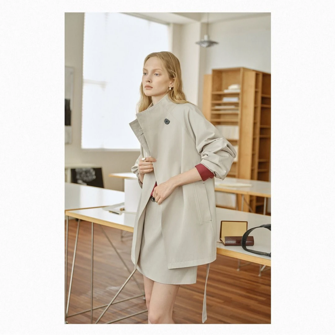 西柚定制（风衣）时尚休闲中长款长袖立领简约气质风衣女装