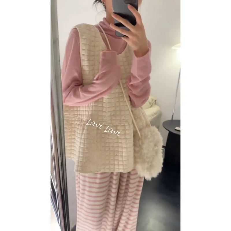 MARIE.COCO日系少女风格子保暖无袖马甲粉色打底衫条纹休闲裤套装