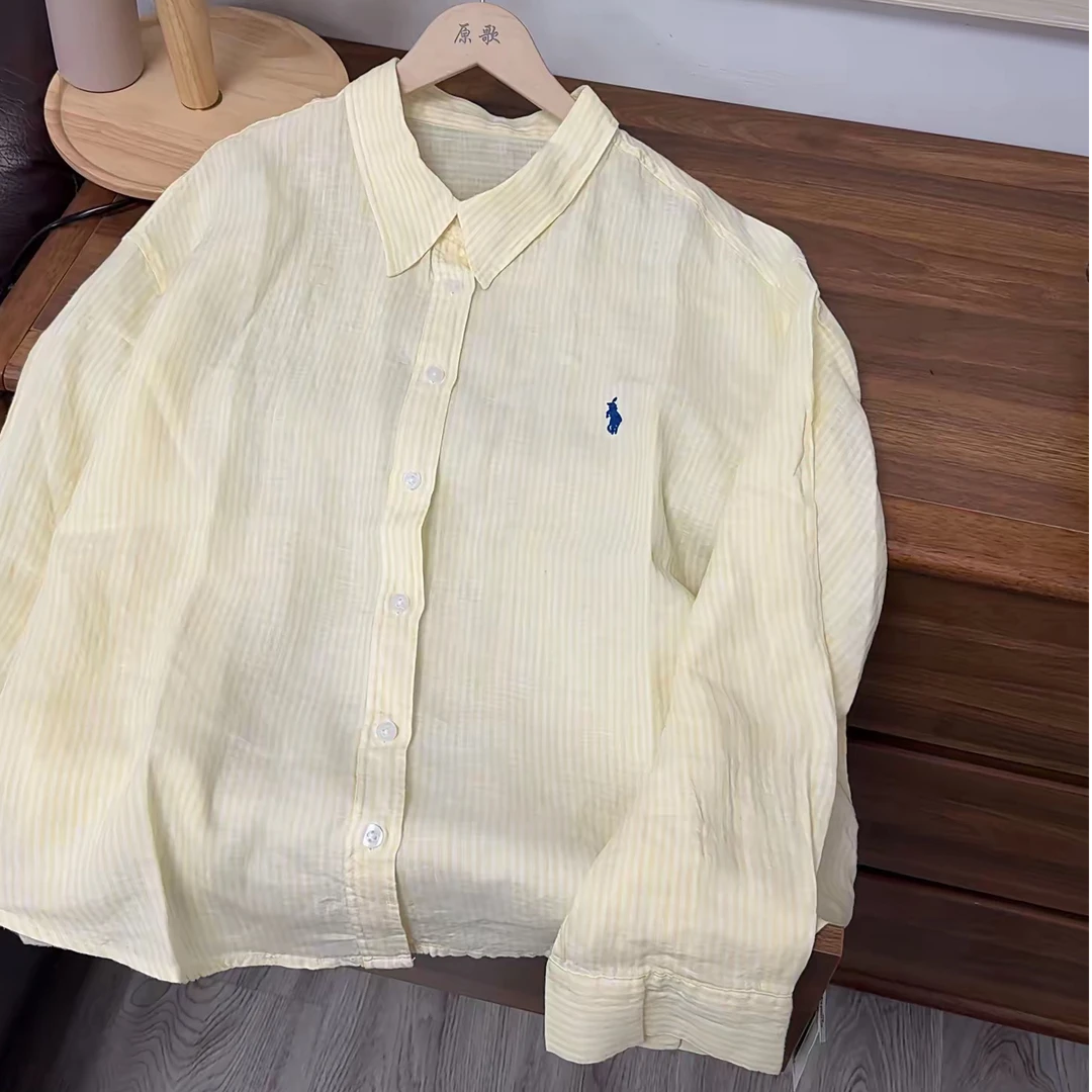 【原歌】夏季新款亚麻宽松防晒条纹衬衫女YG604