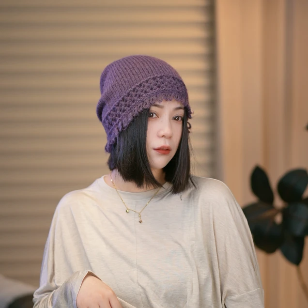 日系手工编织镂空包头帽子女显脸小帽子氛围感针织冷帽