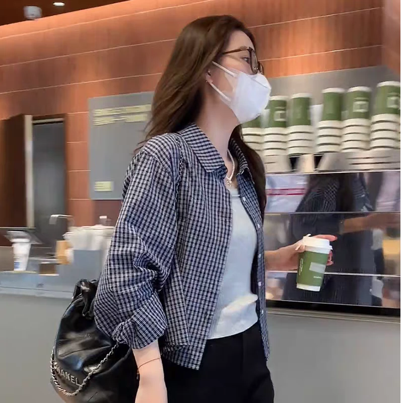 复古翻领格子衬衫外套女秋季韩系秋装网红洋气炸街女装