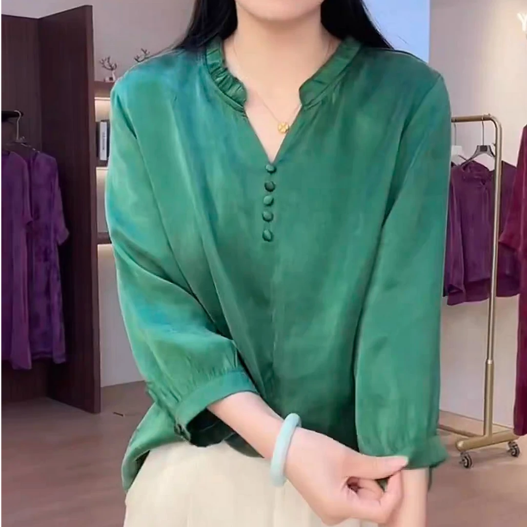 新款女装绿色七分袖衬衫大码百搭通勤气质上衣118
