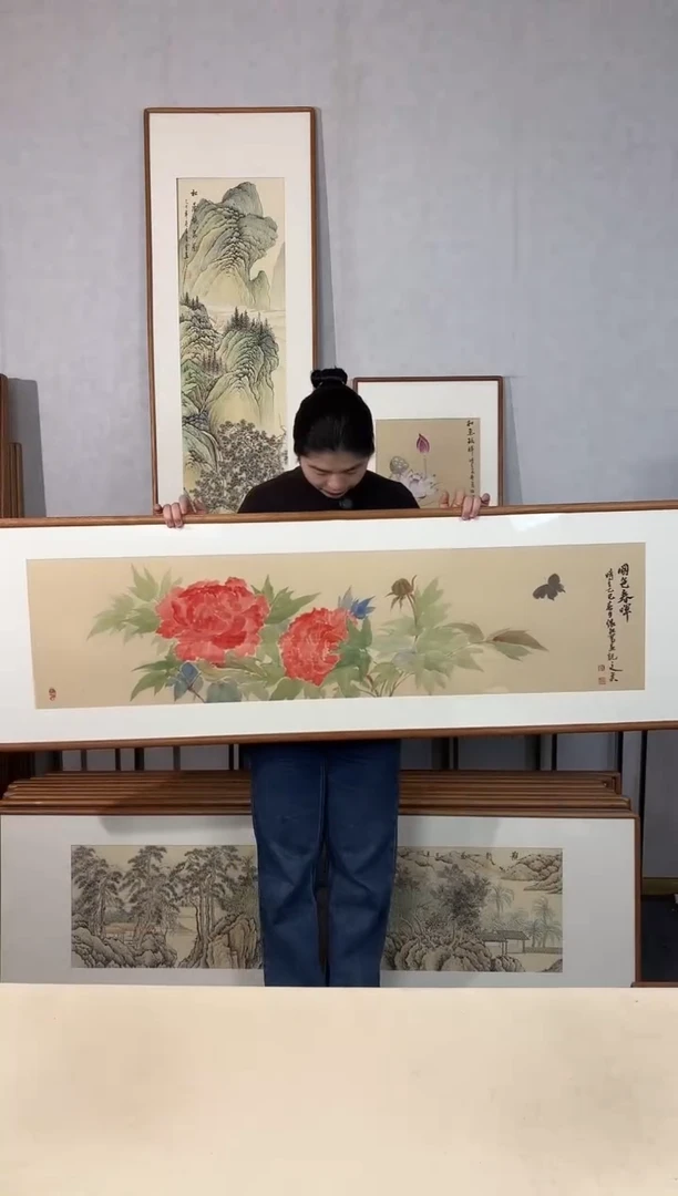 国画手绘*国色春晖*52*172cm原木色木框