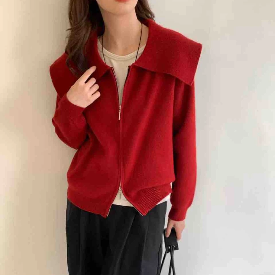 【静姐家】7928秋冬韩版时尚大翻领休闲百搭宽松针织开衫外套