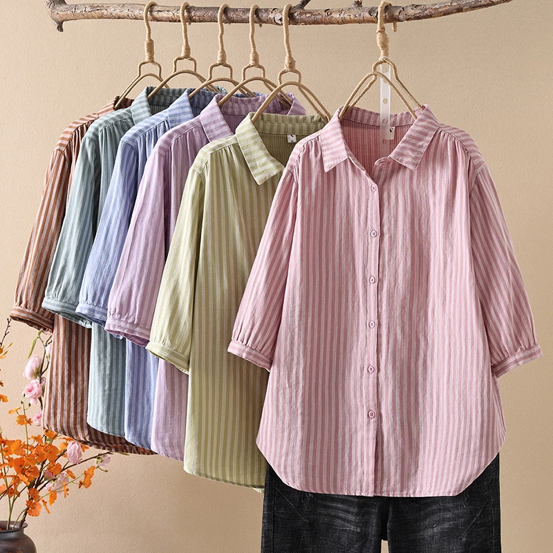 夏季女士双层棉纱条纹休闲气质文艺显瘦透气吸汗宽松纯棉防晒衬衣
