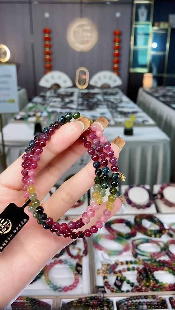 老矿碧玺色标彩虹油料三圈手串5mm+未镶嵌碧玺dan多样性发货一条