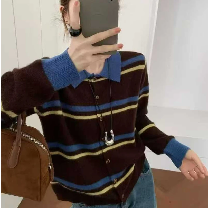 小个子短款针织开衫拼接撞色条纹长袖上衣POLO领韩版新款秋冬穿搭