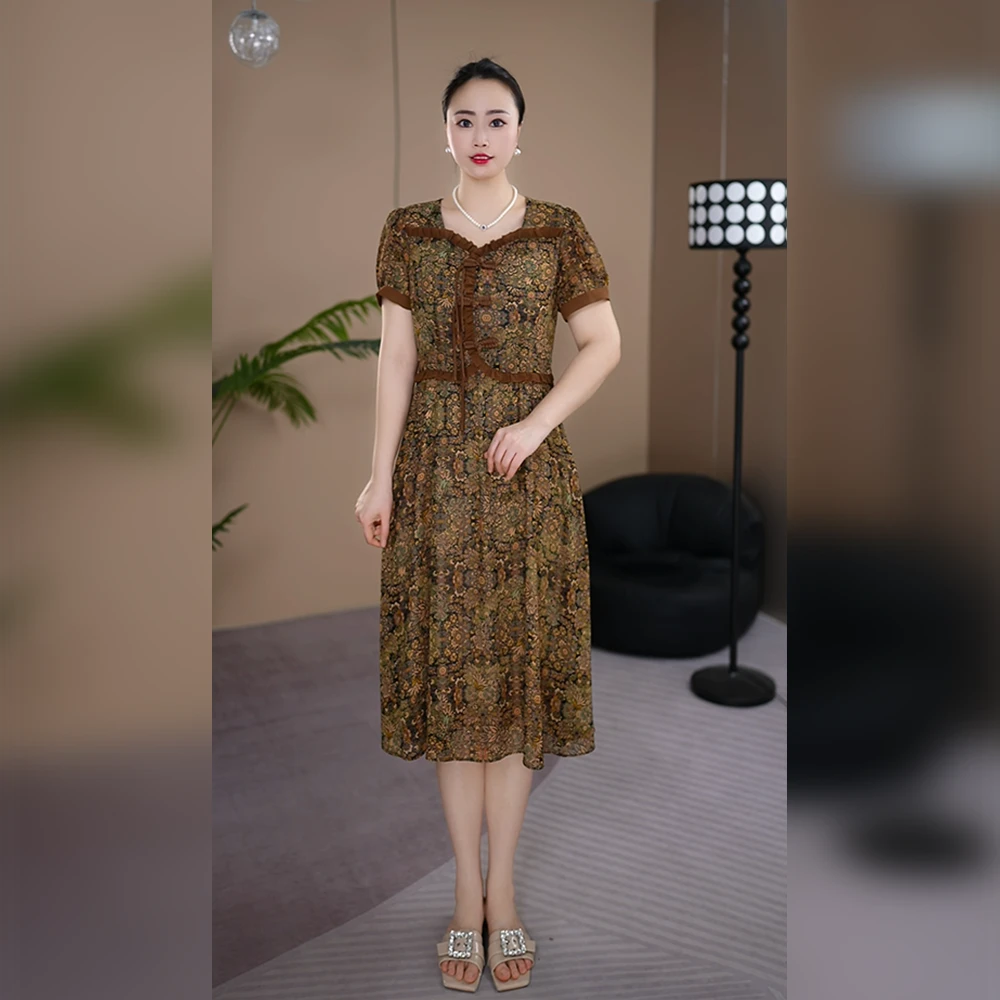 2025夏季新款时尚减龄洋气过膝连衣裙修身中长款大码气质妈妈装女