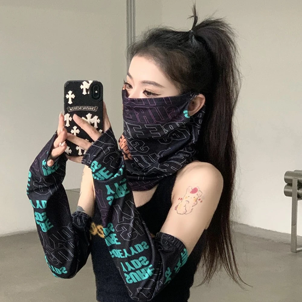 防晒面罩女士夏天遮阳冰袖防紫外线长款防晒袖套夏季冰丝面纱口罩