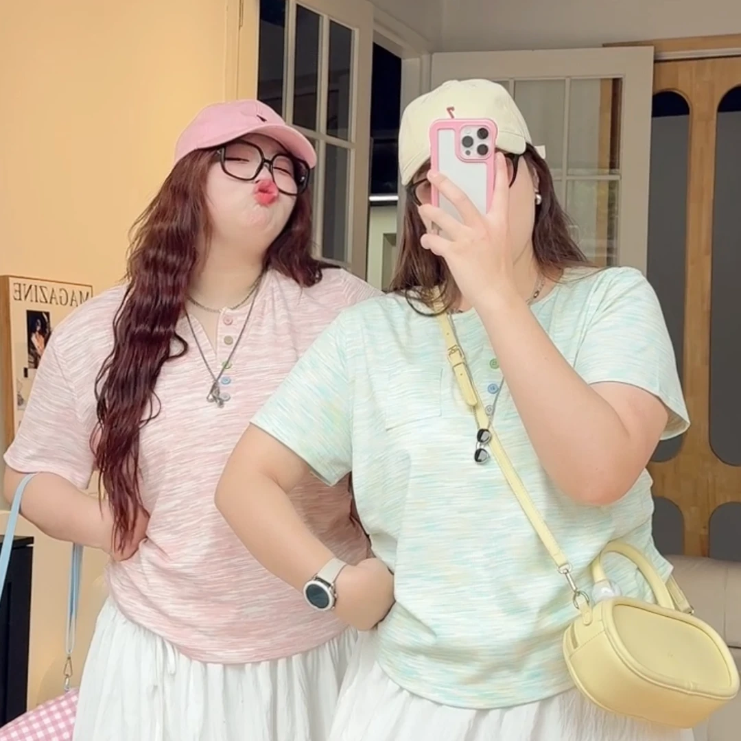 大码女装短袖T恤2024新款修身短款打底衫彩色纽扣夏季