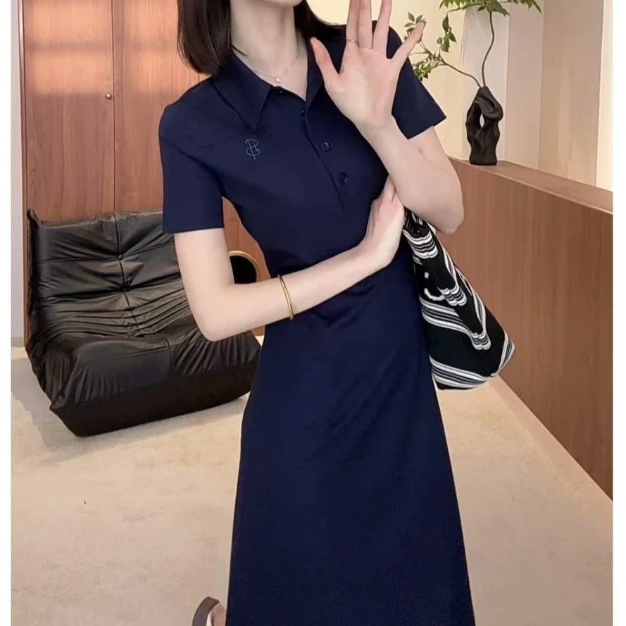 POLO领藏青色百搭连衣裙女2025夏季新款纯色显瘦休闲裙