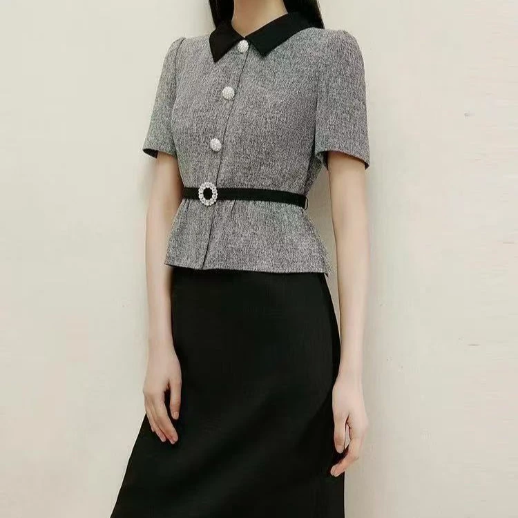 【歌里繁华】L+25夏收腰职业裙子小香风黑灰拼色假两件连衣裙0605