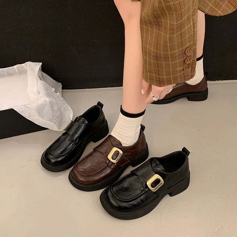 小皮鞋女黑色厚底学院风百搭时尚日系圆头秋季粗跟软底乐福鞋女