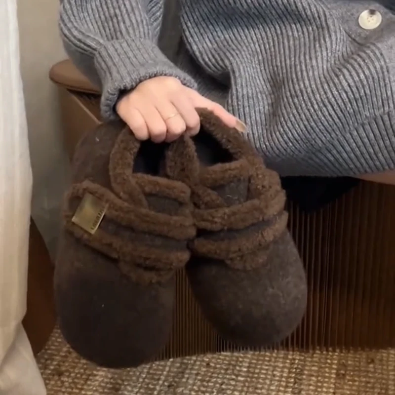 2025冬新款外出百搭废土风小个子毛毛鞋外穿魔术贴懒人通勤棉鞋女