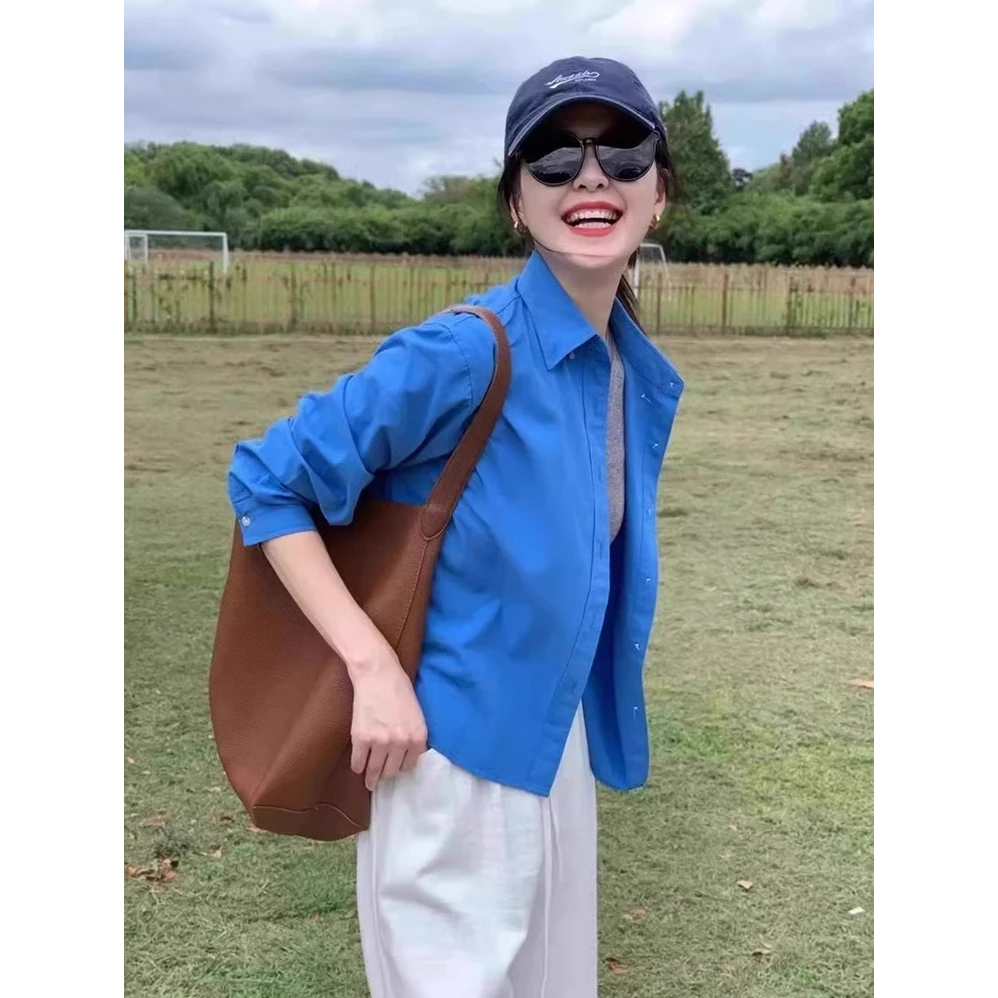 法式短款衬衫女夏季小个子克莱因蓝长袖衬衣开衫外套宽松防晒上衣