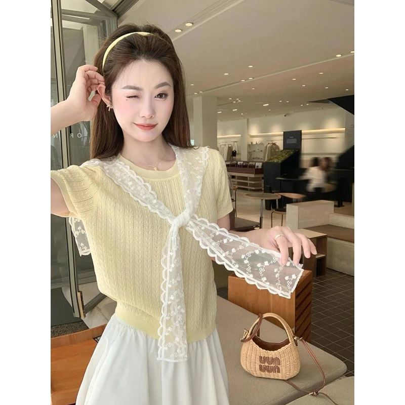 法式蕾丝披肩黄色短袖t恤女夏季针织上衣2025年新款爆款初夏穿搭