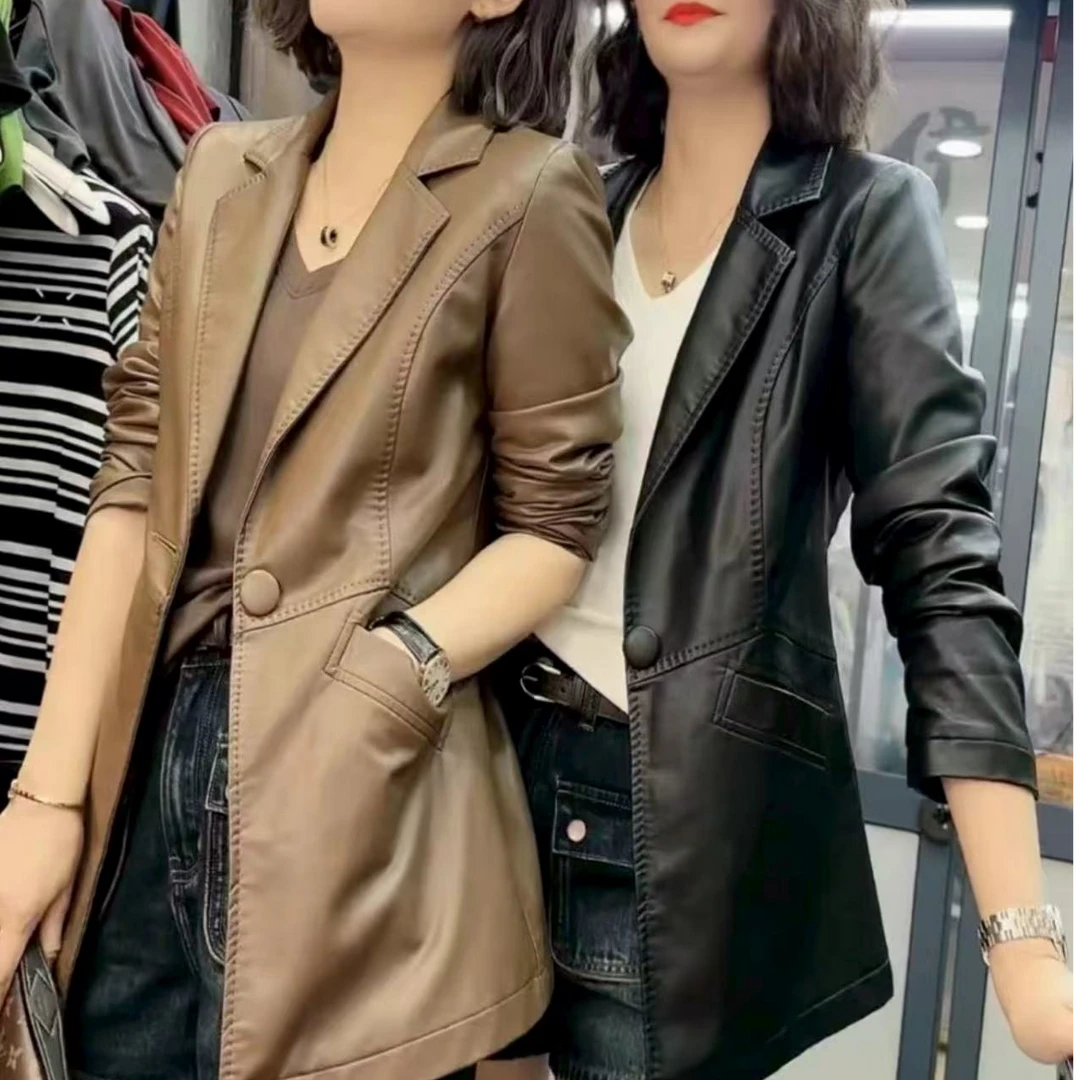西装领常规秋季拼接宽松型皮衣修身时尚7702