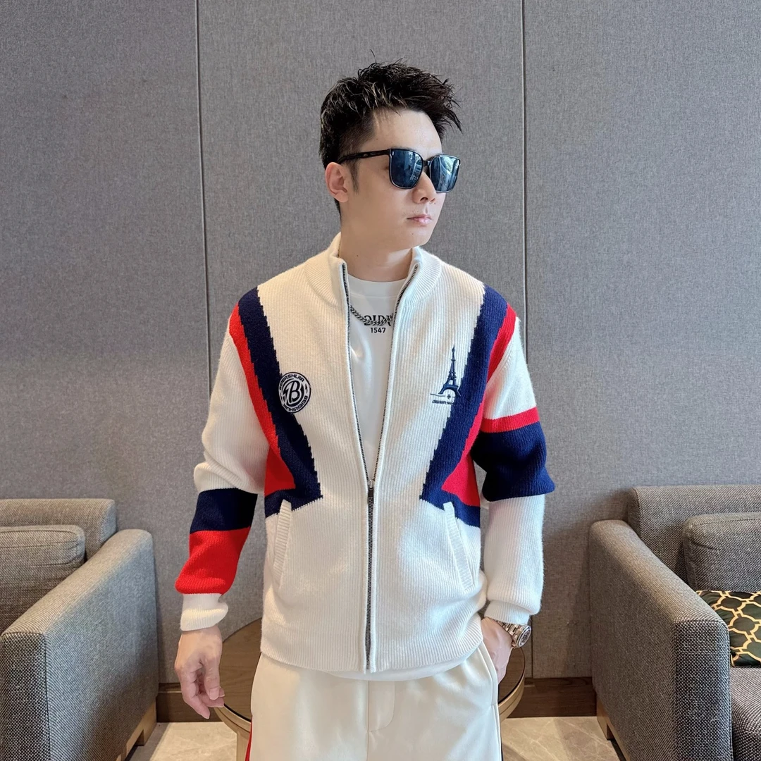 2025男士秋季加厚拼接撞色轻奢高品质刺绣羊毛针织外套休闲时尚