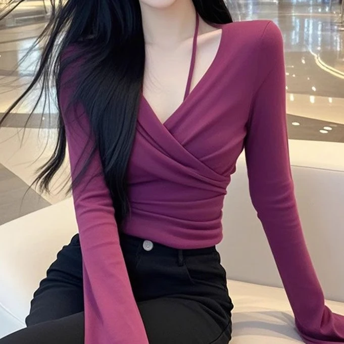 短款露肩V领打底衫T恤长袖辣妹纯欲秋装上衣女不规则修身紧身显瘦