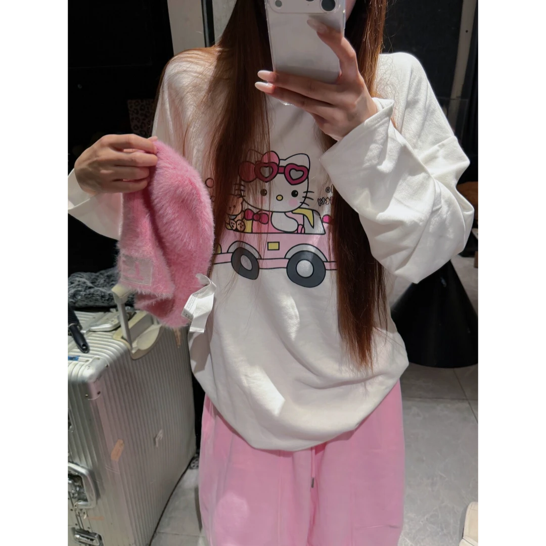 软糯糯kt印花磨毛加厚T恤女秋冬慵懒风宽松休闲长袖内搭打底上衣