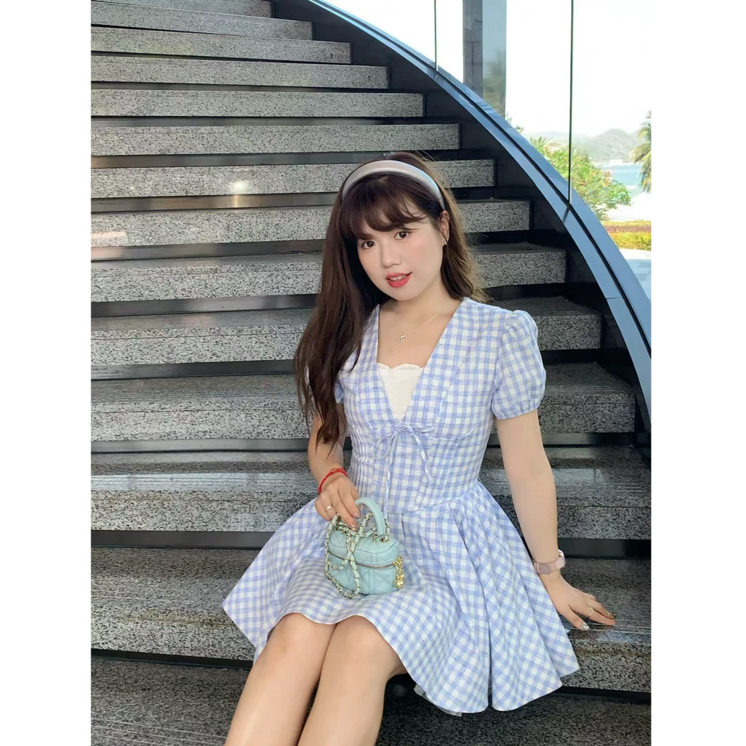 【现货】米米子定制格纹公主袖连衣裙高腰时尚显瘦短裙设计款夏季裙