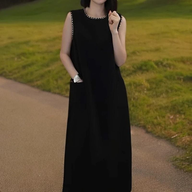 小香风优雅纯色圆领连衣裙2025夏季新款链条拼接设计无袖a字裙女