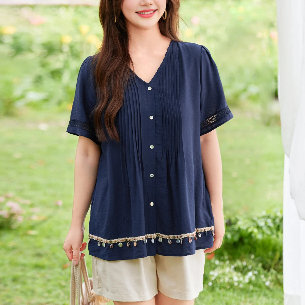 【贝壳织带度假风上衣】MsShe大码女装夏季宽松遮肚小衫J~M2504075