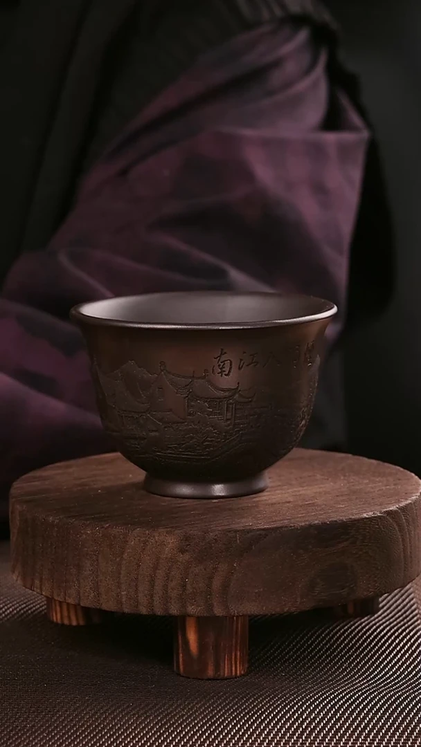 茶杯紫砂烟雨入江南紫砂手工刻绘主人杯200CC