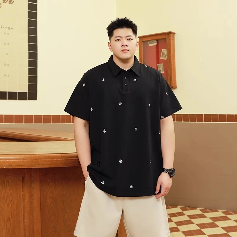 潮牌大码男装2025夏胖子宽松刺绣短袖polo衫男满印保罗衫休闲时尚