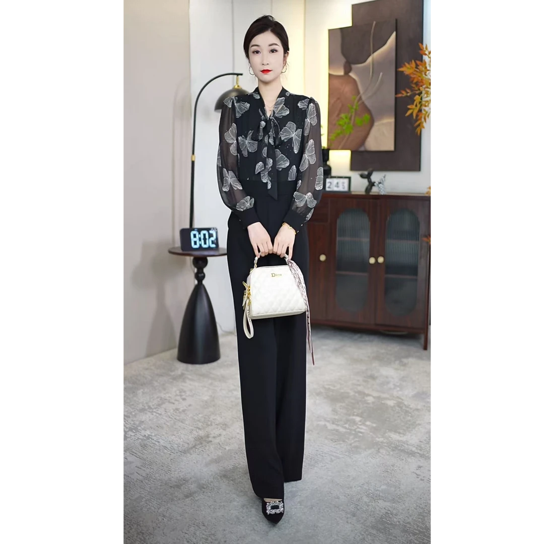 简约蝴蝶时尚套装连体裤长袖复古黑色印花领带时尚百搭