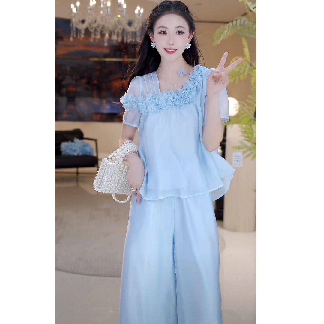 休闲花朵斜边长裤套装夏季814603洋气夏装显瘦气质