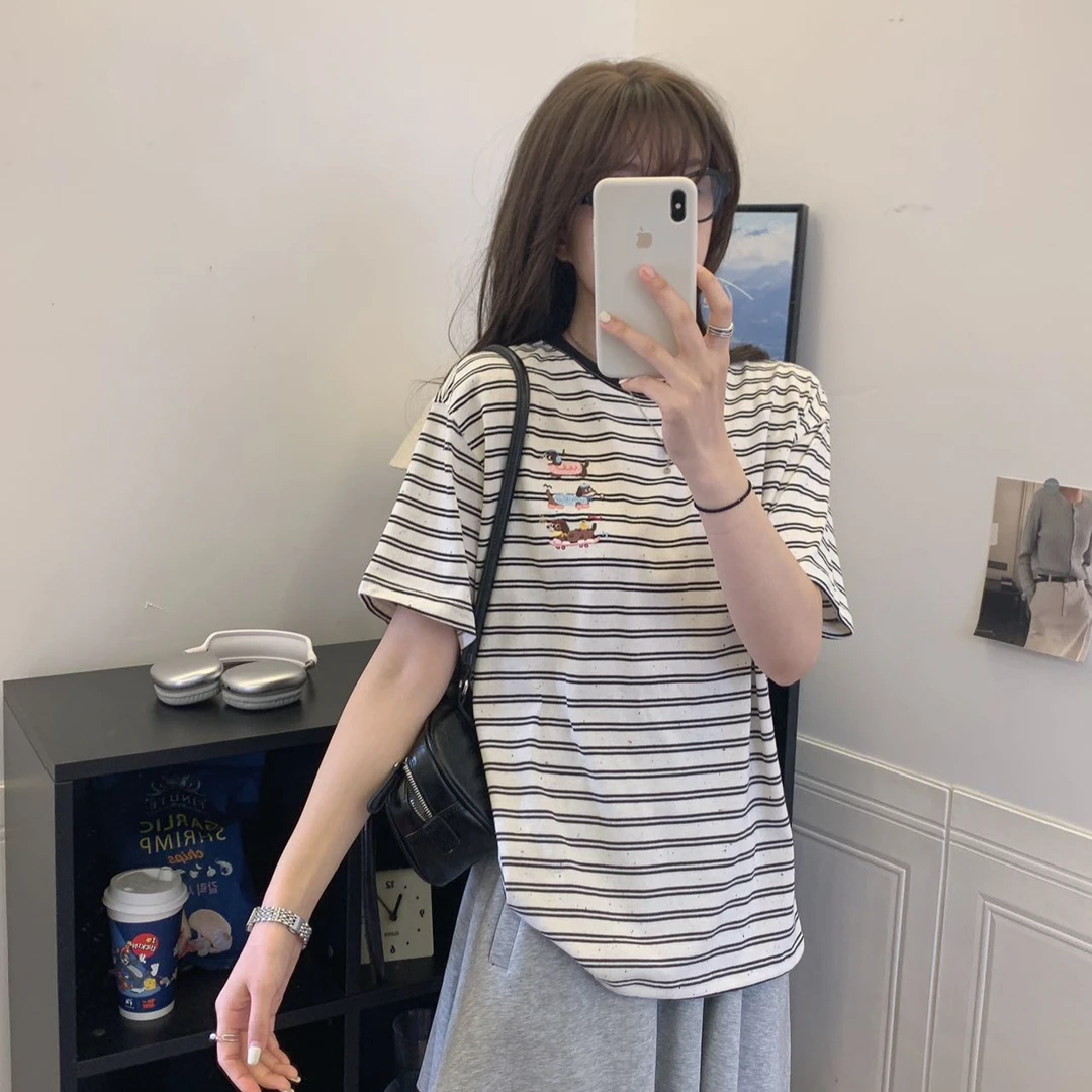 纸袋家春夏新款「狗狗刺绣200克纯棉彩点条纹显瘦短袖」2512洋气T恤