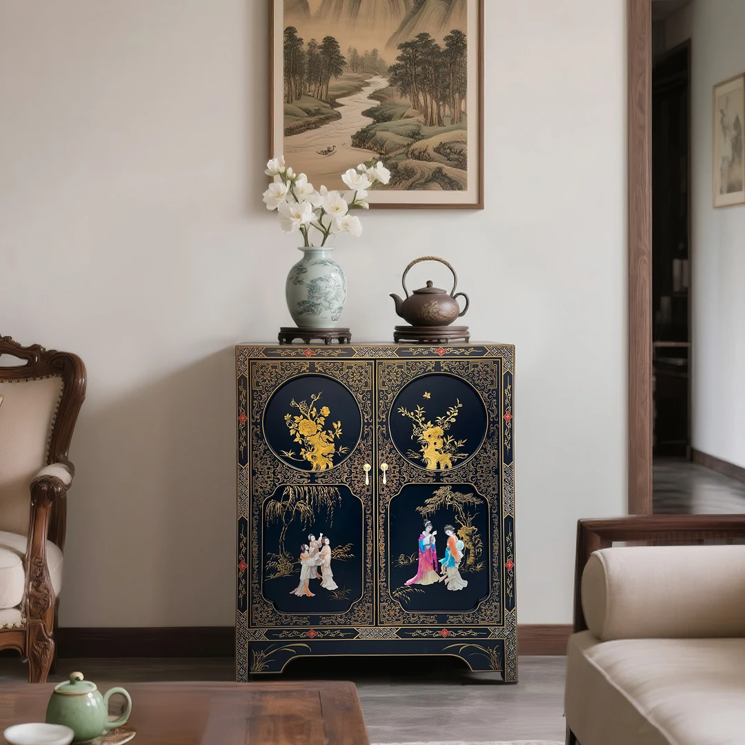 TT37新中式古典手工手绘客厅隔断入户玄关柜86*40*104cm