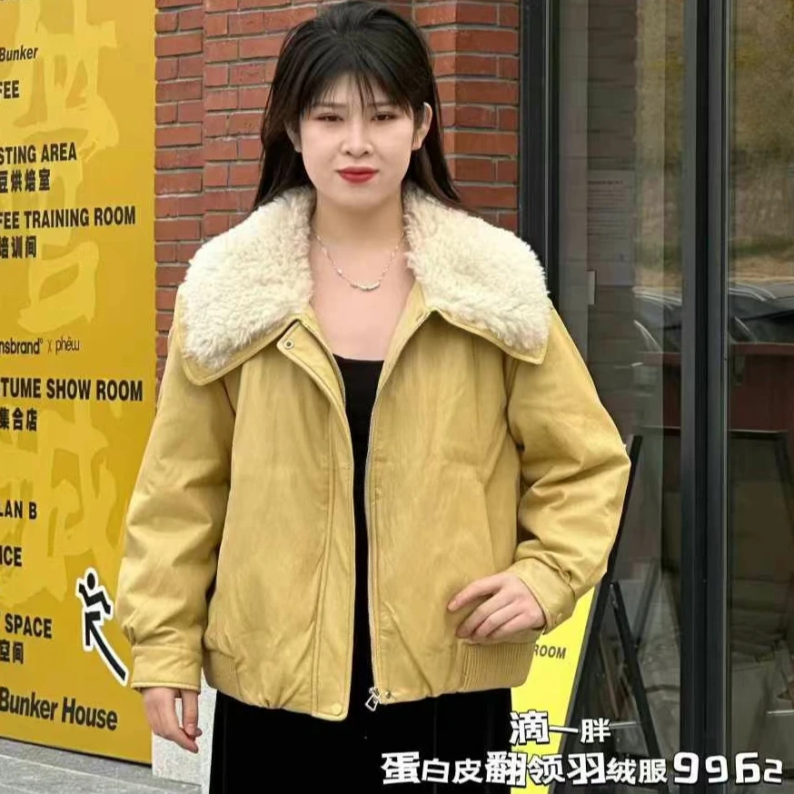 9962蛋白皮大翻领派克服短外套冬季胖mm大码小个子时尚潮流夹克女