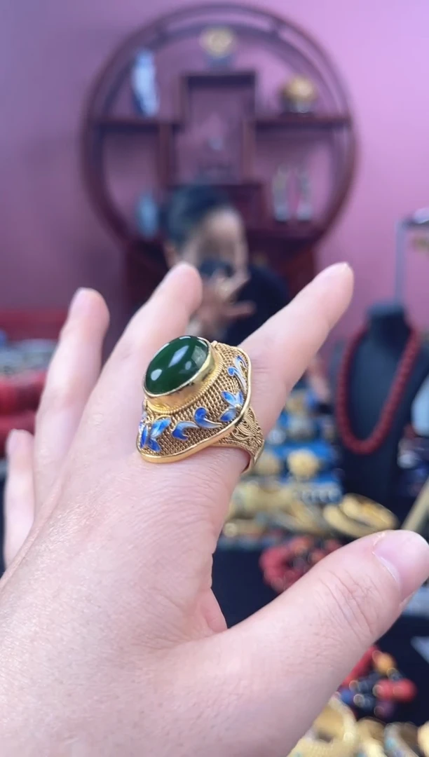 非遗 花丝镶嵌戒指 碧绿 镀金