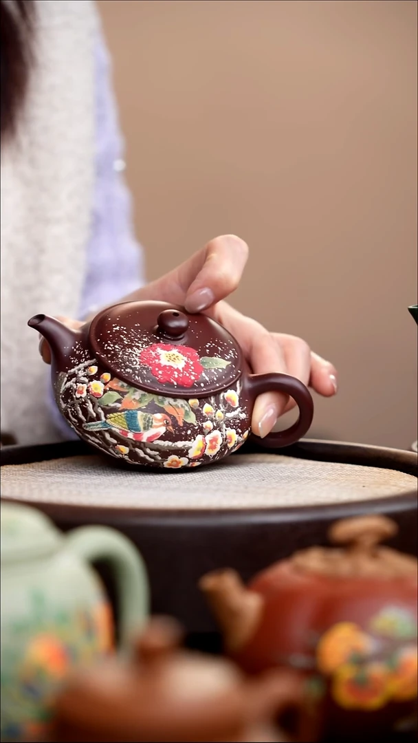 茶壶紫砂紫泥明炉泥绘雪鸟