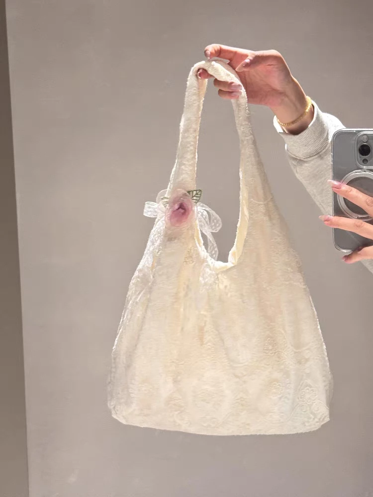 原创夏日小清新蕾丝花朵刺绣帆布包百搭背心包韩系少女单肩托特包