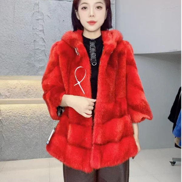 235185【DC】女装反季撤柜水貂皮草外套红十字连帽