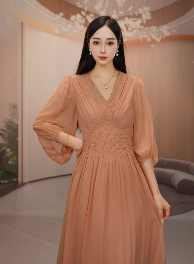 【沐沐家】2025年桑蚕丝新品气场全开收腰大摆时尚女装 粉 25079