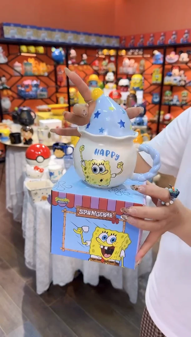 瓷片@@海绵宝宝联名星星人带盖陶瓷杯