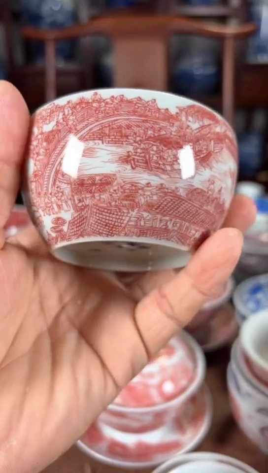 柴窑釉里红清明上河图杯杯
