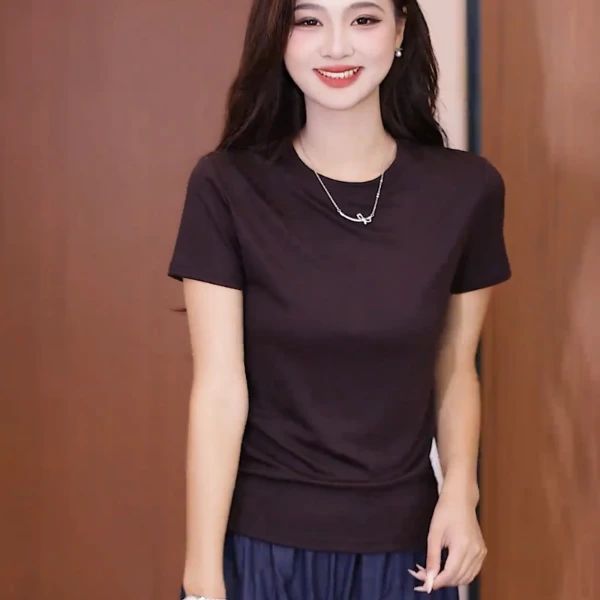 夏季大码胖MM正肩短袖t恤女显瘦修身圆领体恤高级感纯棉洋气上衣