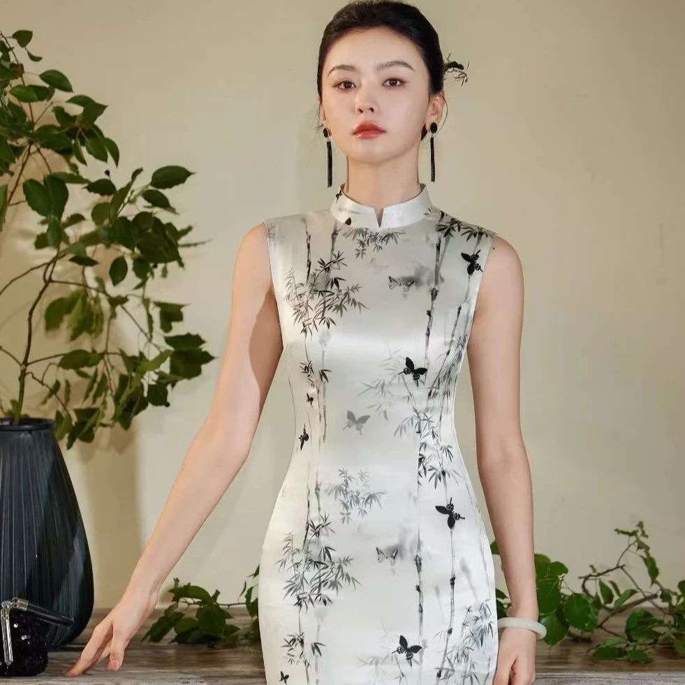 旷美旗韵竹竹高升 高端真丝桑蚕丝旗袍直播间高端大气上档次时尚