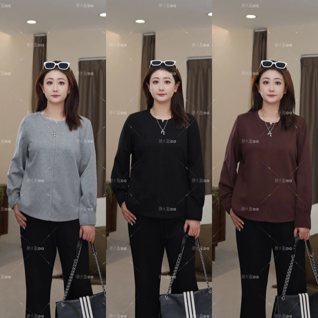 【秋款上新】PDM22549秋季新款显瘦遮肉褶皱设计感圆领大码女装上衣