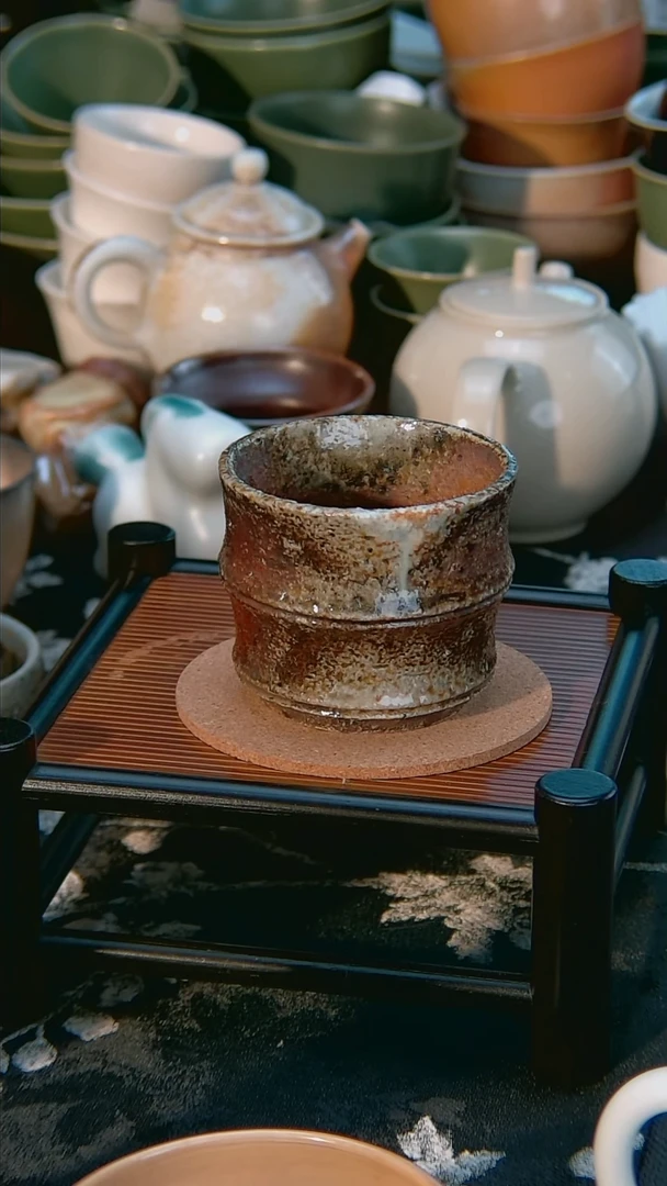 喜*孤品  裸烧柴烧  竹节杯