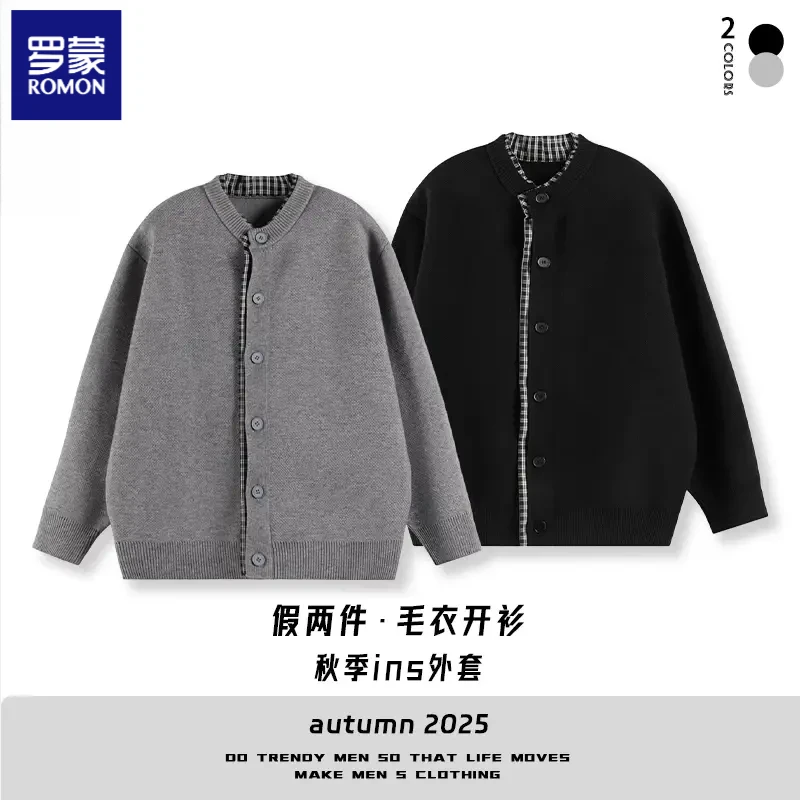 罗蒙2025秋季新款圆领开衫毛衣男女情侣款宽松休闲百搭上衣假两件