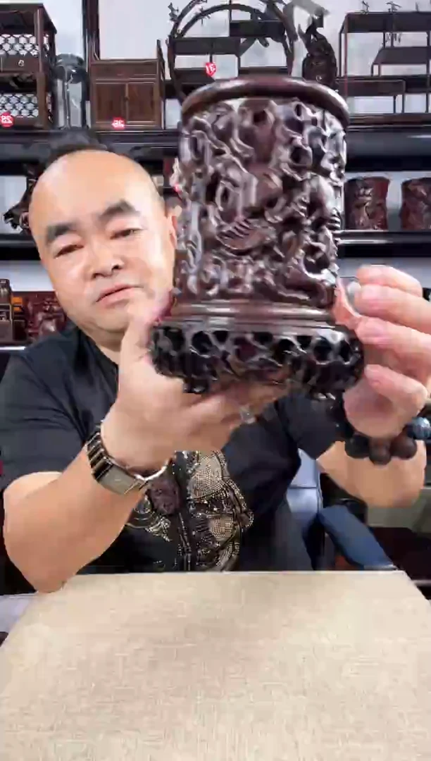 木新款3+寿桃笔筒老李红木工艺品