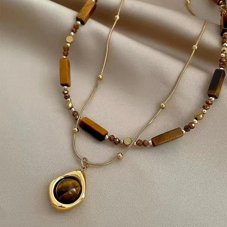 铜合金项链 复古气质叠戴虎眼款项链女秋冬轻奢双层锁骨链高级感